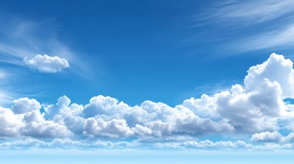 Fototapeta premium Serene Blue Sky with Puffy Clouds - A breathtaking panoramic view of a bright blue sky adorned with fluffy white clouds. Perfect for backgrounds, travel, and nature themes