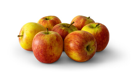 Group of fresh red apples with yellow and green spots, a sweet-tart crisp textured variety, isolated on white background with soft transparent shadows