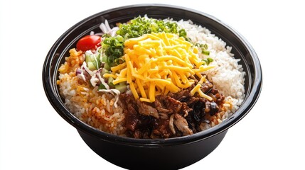 Bowl of food with rice meat cheese tomato and green onions isolated.