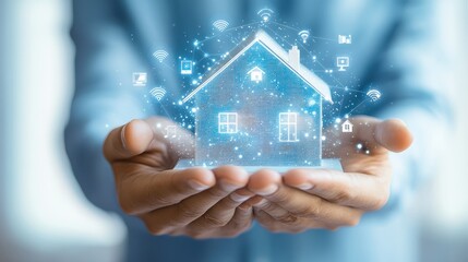 Smart home technology, man holding digital house model, future home automation