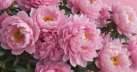 Fototapeta premium Dense cluster of pink peonies, soft pink backdrop, elegant, botany