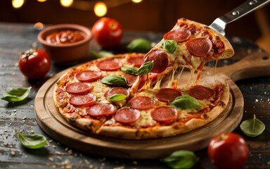 Delicious Pepperoni Pizza Slice Lifted with Spatula on Wooden Board with Sauce