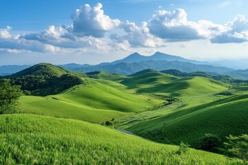 Fototapeta premium Lush green hills under a vibrant sky