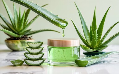 Fresh Aloe Vera Plant, Slices, Gel Jar, and Extract Dripping in a Spalike Setting