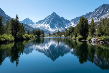 Serene Mountain Lake Reflection - Peaceful mountain lake reflecting snow-capped peaks, symbolizing tranquility, nature's beauty, serenity, reflection, and escape