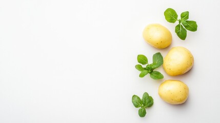 Three potatoes with green leaves on a white surface viewed from above.