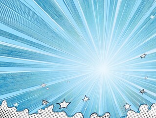 Comic Book Style Blue Burst With Stars and Clouds