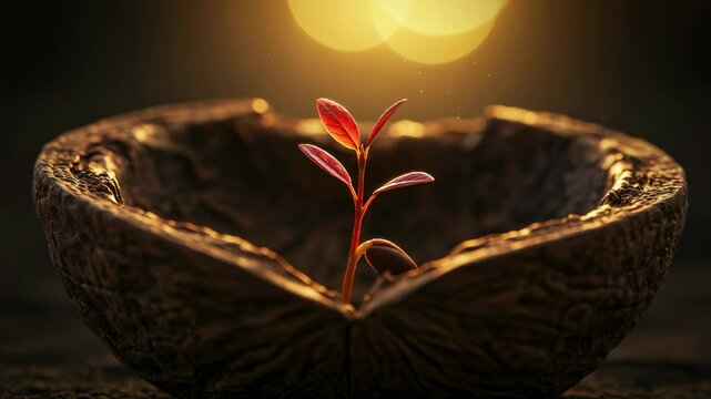 Micro shot of red sprout growing in nut shell. Seedling development process animation. Botany, growth, and vitality concept. Plant life cycle video for gardening presentations.