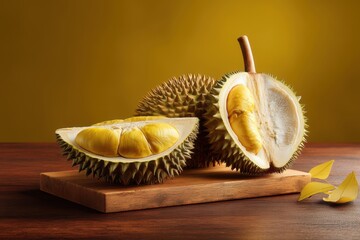 Fototapeta premium Fresh ripe durian fruit opened to reveal creamy golden flesh placed on a rustic wooden surface 