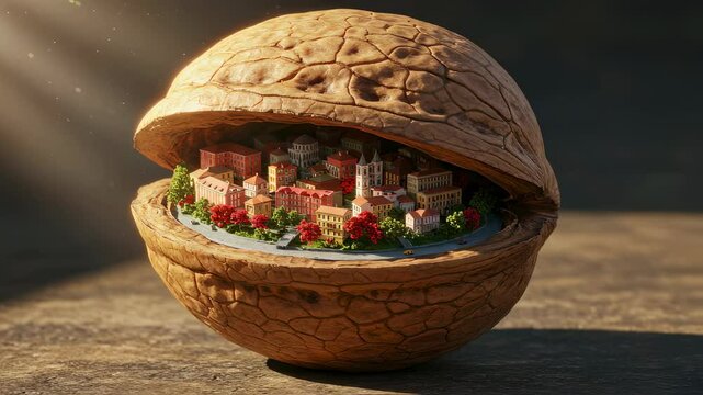 Tiny detailed european town inside a cracked walnut shell with miniature buildings and trees. Small village panorama in nutshell animation concept.