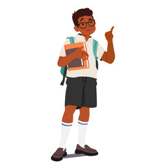 Smart boy cartoon nerd kid character wearing eyeglasses and school uniform holding books for study
