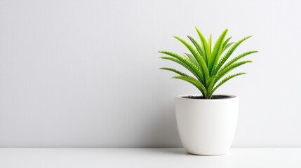 Fototapeta premium Simple Houseplant in White Pot - A single, vibrant green houseplant in a minimalist white pot symbolizes growth, purity, nature, serenity, and home