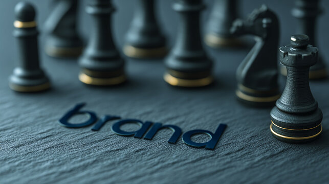 Close-up of dark chess pieces on a textured surface, with the word "brand" prominently displayed, showcasing strategic planning and brand positioning concept