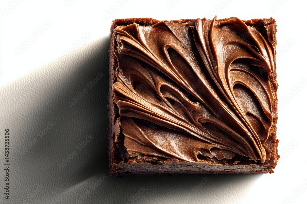 Poster deliciously topped brownie square with chocolate swirl on a white background creating dramatic shado