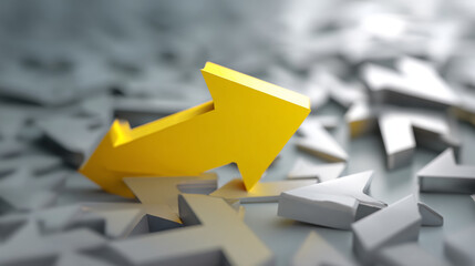 Yellow arrow rising above grey arrows, symbolizing success, leadership, and upward trend.  Concept showcases progress and standing out from the crowd