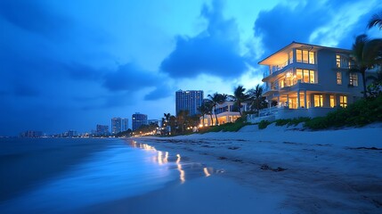 Fototapeta premium Luxury beachfront residence with palm trees and stunning ocean view image