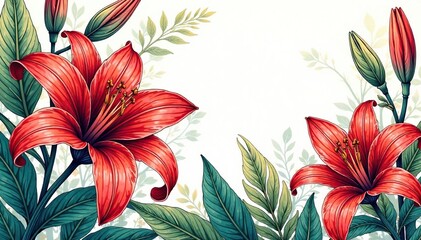 Intricate line art lilies & foliage, continuous design, tileable, lily