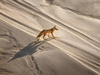 A sand fox walking through the desert after rain, its tracks visible in the wet sand. The contrast of the moisture on the ground with the dry desert air adds texture to the image.