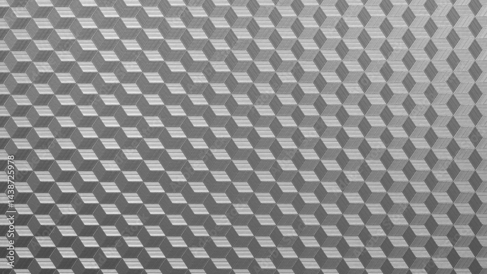 Poster background is a grey and white patterned surface with lots of squares. The squares are of different sizes and arranged in such a way that they create a sense of depth and texture. The scene is modern.