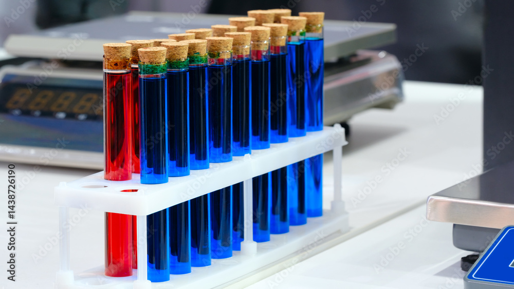 Aufkleber a row of test tubes with blue and red liquids are lined up on a table in a biological chemistry lab.