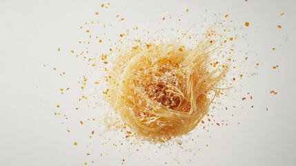 Bird's nest pasta with filling and crumbs on a white surface.
