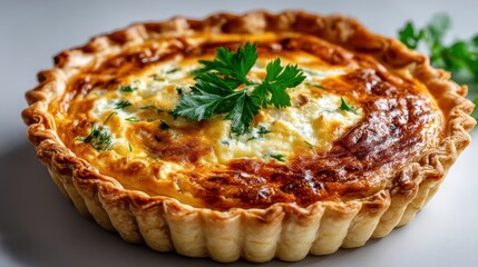 a fresh, golden-brown quiche with a flaky crust and a creamy filling on a white isolated background, savory and satisfying design