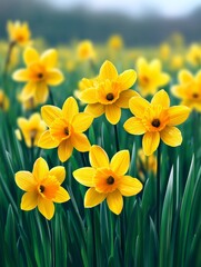 Fototapeta premium Spring Daffodils in Bloom - Vibrant yellow daffodils in full bloom, filling a field with cheerful springtime color