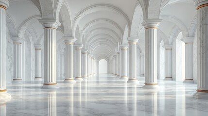 White hallway with columns and arches receding into the distance.