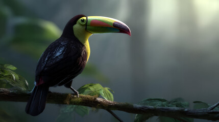 A single toucan perched on a tree branch, surrounded by misty rainforest with soft light illuminating its colorful beak and glossy feathers