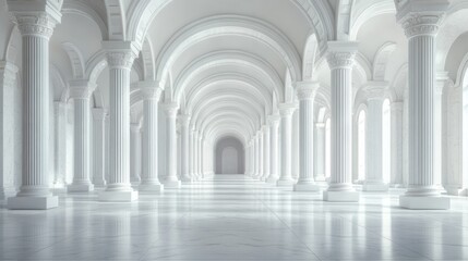 White corridor with columns in perspective view creating a bright and clean space.