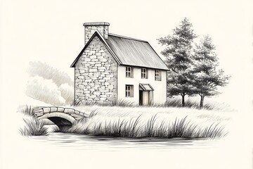 Stone Cottage by the Stream - A charming stone cottage sits beside a tranquil stream, a picturesque bridge adding to the idyllic scene. Lush greenery surrounds the peaceful dwelling