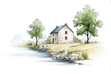 Stone House Sketch by Creek - Serene rural landscape, stone house near water, peaceful nature, tranquil scene, countryside home