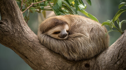 A sloth curled up on a thick tree branch, completely relaxed with a soft breeze rustling its fur.
