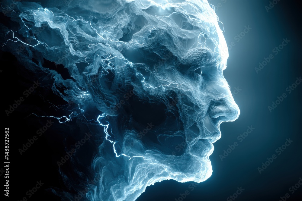 Poster a digital artwork depicting a human face constructed from clouds and lightning, creating a powerful 