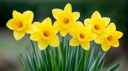 Obraz premium Sunny Daffodil Cluster - Vibrant yellow daffodils, symbolizing happiness, new beginnings, rebirth, friendship, and spring. A cheerful cluster bathed in sunlight