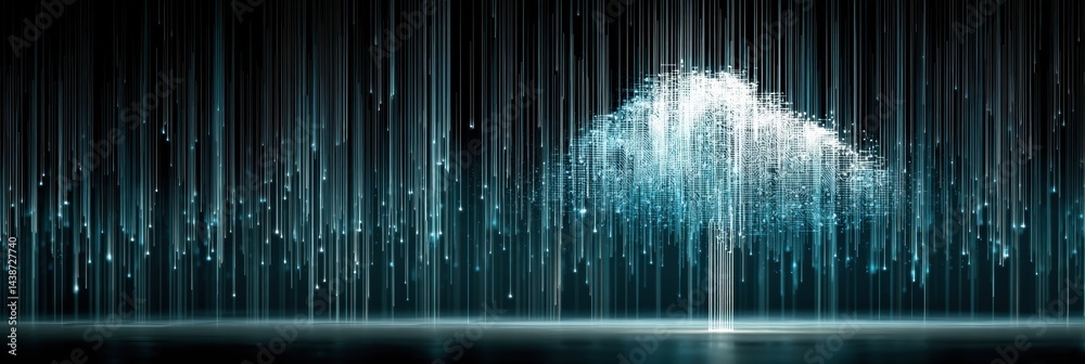 Poster Visual Metaphor Illustrating Artificial Intelligence as a Cloud Composed of Code, Representing the Fusion of Technology and Thought Processes