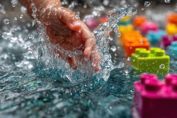 A playful splash in a world of building blocks, a child's hand interacting with water, creating dynamic water shapes amidst colorful toy bricks under bright sunlight.