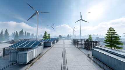 Fototapeta premium Sustainable Logistics: A Vision of Green Energy Integration - Eco-friendly transportation, renewable energy sources, efficient cargo handling, secure infrastructure
