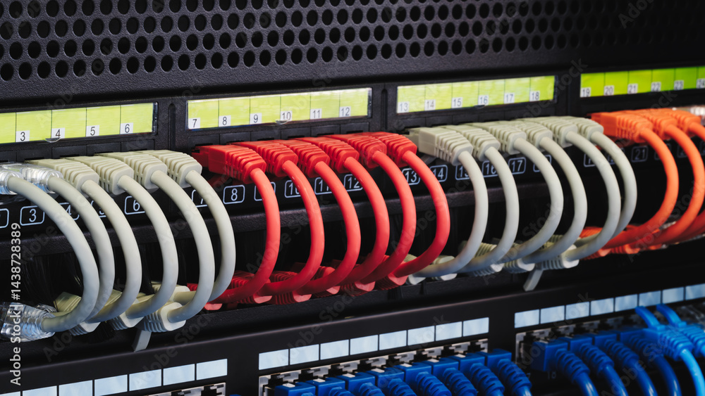 Poster a row of cables with different colors and numbers. the cables are connected to a black box. internet
