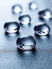 Translucent Spheres Water Droplets Close-Up - Close-up of water droplets, symbolizing purity, reflection, nature, fragility, and renewal