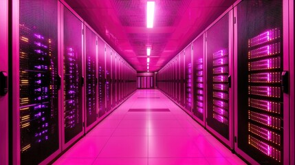 Futuristic server room illuminated with bright pink lighting and sleek rows of data racks, showcasing modern digital infrastructure ideal for cloud computing, IT, and technology innovation