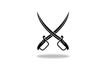 Crossed curved swords icon in black silhouette, representing battle, fight, or ancient warrior weapons.