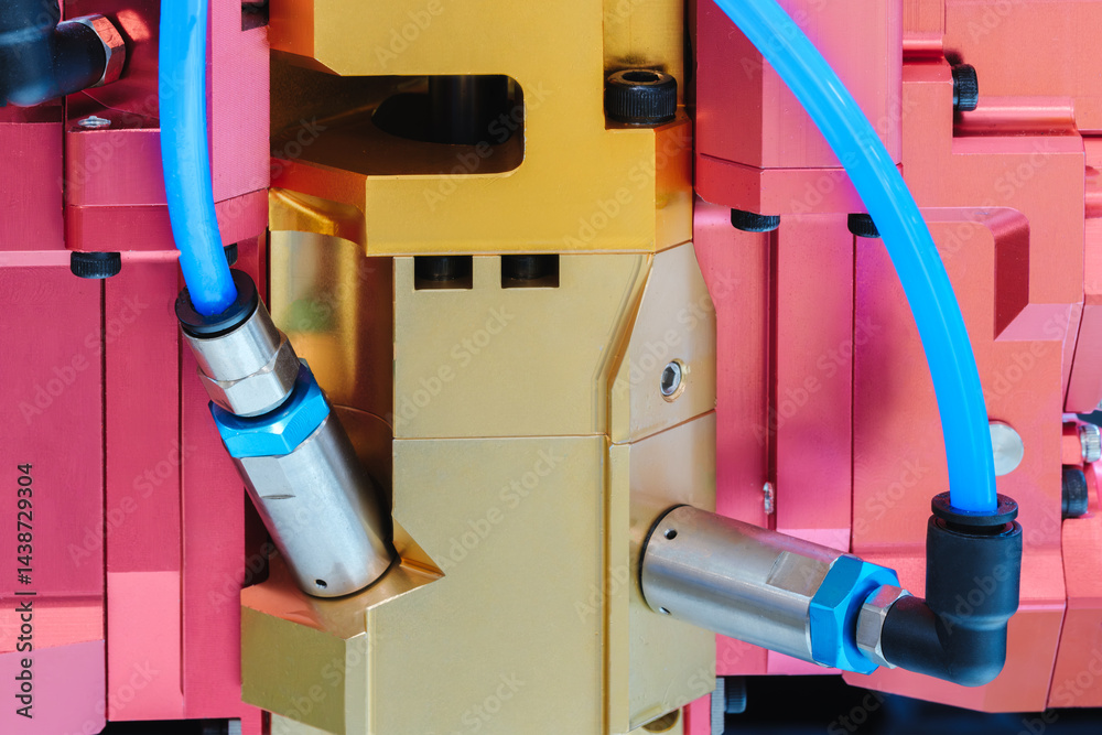 Poster a red and yellow machine with blue tubing attached to it. the tubing is connected to the machine and