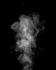 Steam, smoke, vapor isolated on black background. Smoke steam spray, abstract vaporing water, texture of cold mist, hot vapor, fog effect closeup, black screen. Hot food, drink. For Overlay using