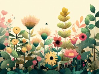 Whimsical Floral Meadow: Soft Pastel Illustration