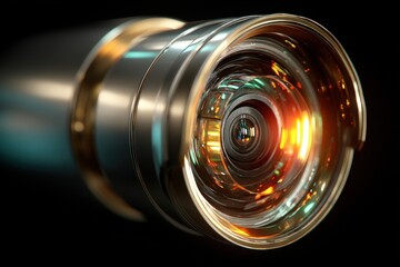 A close-up and highly detailed image of a camera lens, showcasing its intricate design and metallic sheen with golden accents, set against a dark background.