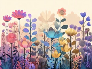 Colorful Floral Garden Illustration with Soft Pastel Hues
