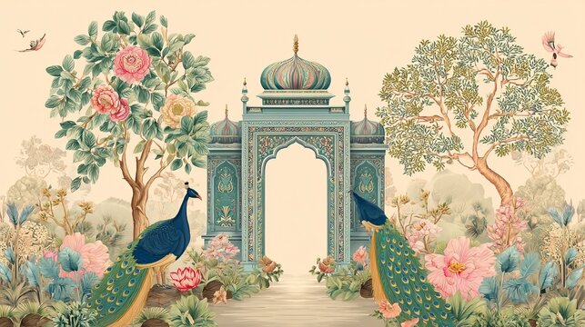 Traditional Mughal garden arch with peacock illustration frame for wedding invitation design