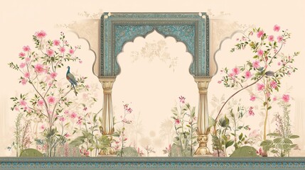 Traditional Mughal garden arch with peacock illustration frame for wedding invitation design