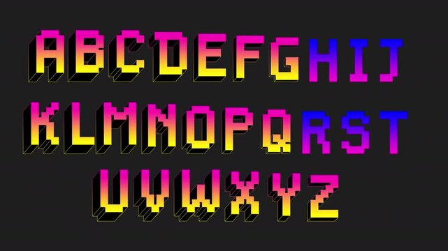 Pixel neon gradient push button animated alphabet. A-Z voxel iridescent letters. Typefaces appearing on a transparent alpha channel.